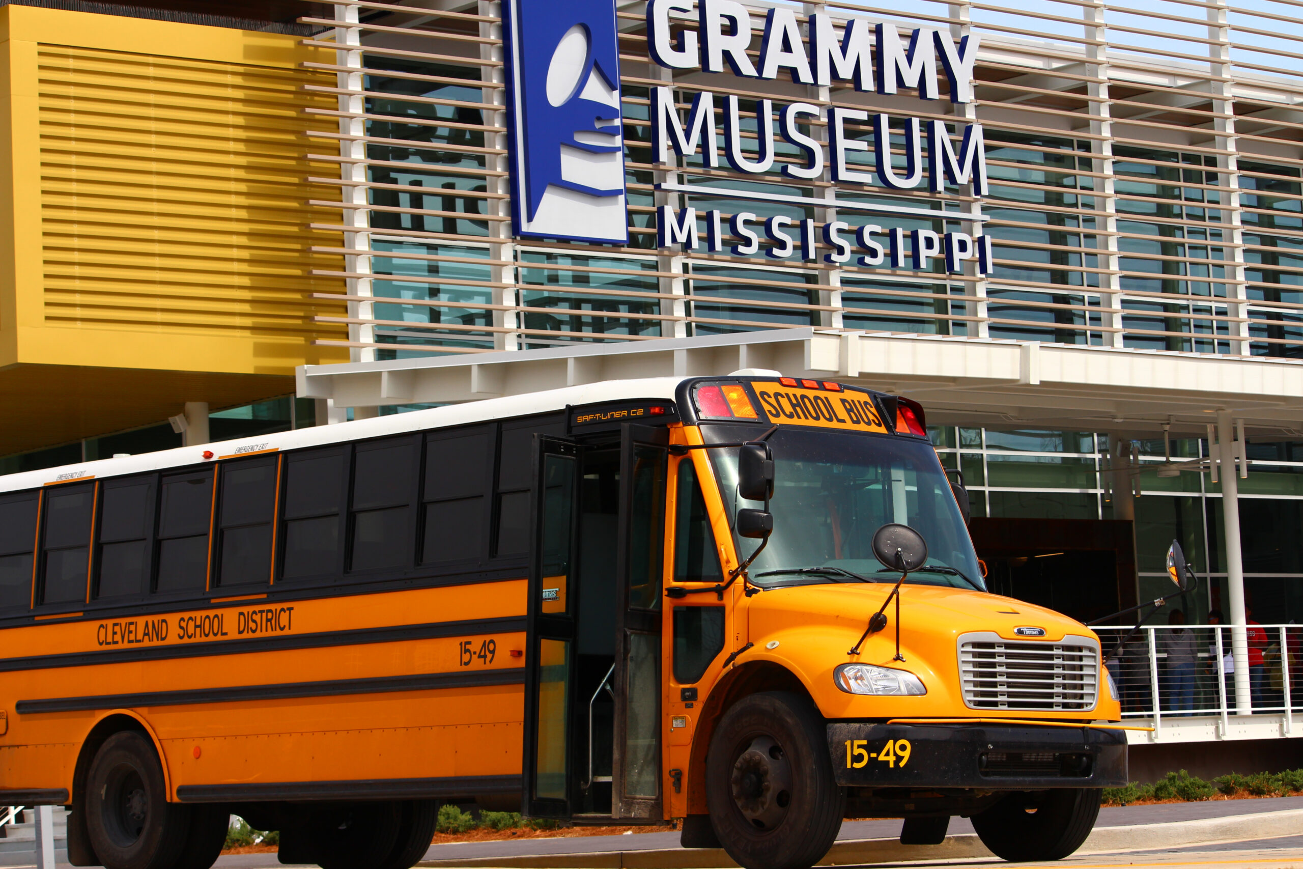 School bus in front of the Grammy Museum