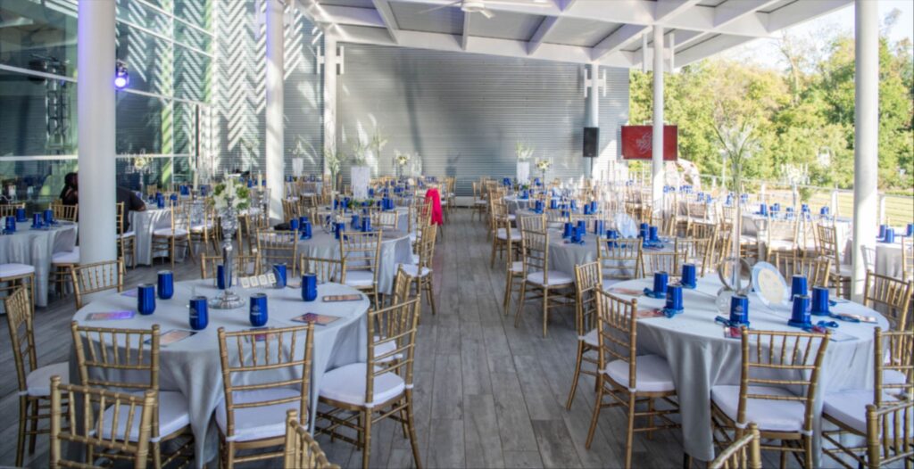 a room with tables and chairs